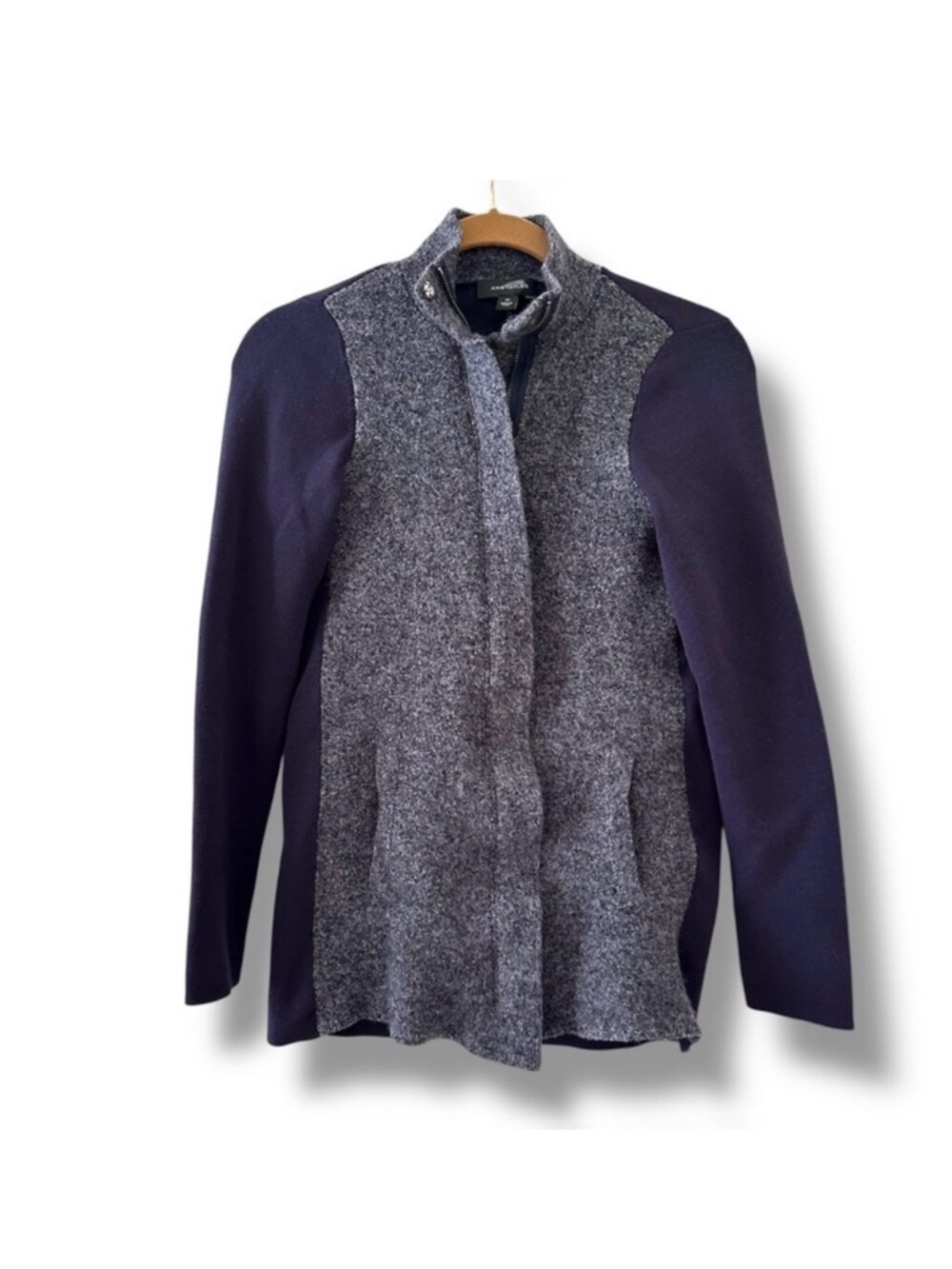 Ann Taylor Paneled Full Zip Blue Wool Coatigan Sweater Women's Size XS Outdoor